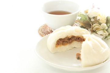 Chinese food, steamed meat bun in half with filling