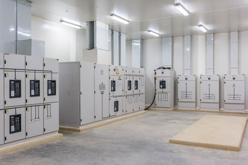 Electric control cabinet substation in a new factory plant.