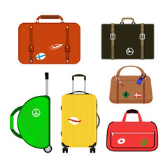 Travel tourism fashion baggage or luggage vacation handle leather big packing briefcase and voyage destination case bag on wheels vector illustration.