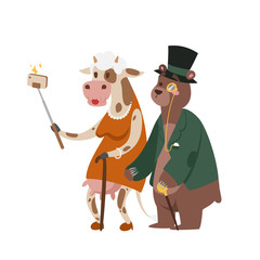 Funny picture photographer mamal person take selfie stick in his hand and cute animal taking a selfie together with smartphone camera vector illustration.