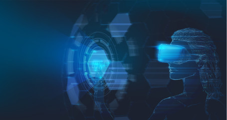 Girl in Virtual Reality Helmet. Drawn low poly vector illustration, polygonal concept. Woman in VR glasses for future, Interface technology, user experience. Futuristic gaming element.
