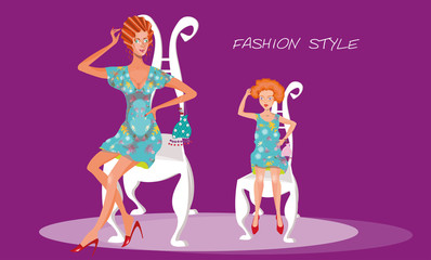 vector illustration with a beautiful woman sitting on a chair and a little girl imitating her 