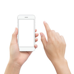 close-up hand holding smartphone mobile and hand element touch screen isolated on white clipping path inside