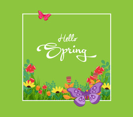 Obraz premium Inscription Spring Time on background with spring flowers and butterflies