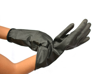 Hands and black gloves for agriculture on white background