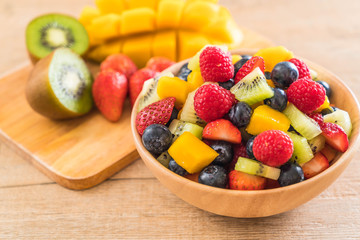 mixed fresh fruits (strawberry, raspberry, blueberry, kiwi, mango)