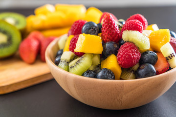 mixed fresh fruits (strawberry, raspberry, blueberry, kiwi, mango)