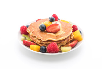 pancake with mix fruits (strawberry, blueberries, raspberries, mango, kiwi)