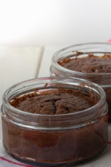 Chocolate Souffle on White Table with Copy Space Vertical