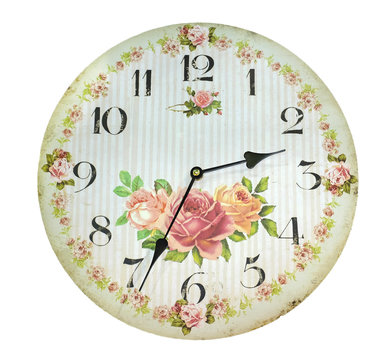 Vintage clock on white background, color style
