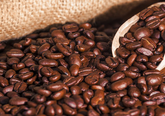 Roasted Coffee beans ina scoop wirh hessian background shot close up.