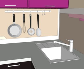 Close up of purple and brown kitchen corner with sink and wall pot rack. 3D sketch drawing.