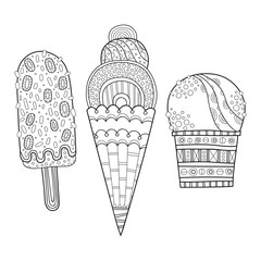 Black and white illustration of decorated ice cream for coloring book. Dessert, sweet food. Vector