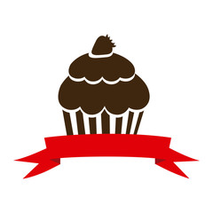 brown muffin with strawberry and ribbon icon, vector illustraction design