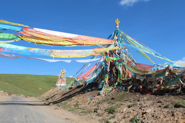 Amdo Tibet Tibetan Latse Prayer Flags Rainbow Colorful Qinghai China