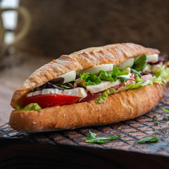 Long baguette sandwich with lettuce tomatoes eggs onion and mayo sauce served on a wooden board. Rustic style and close up. Square image. - 140030080