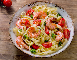 Italian Pasta with shrimps. Healthy diet food.