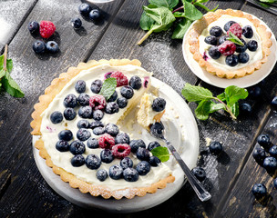 Cheese cake with berries and whipped cream.