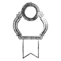monochrome sketch of heraldic frame with ribbon and circular emblem top side vector illustration