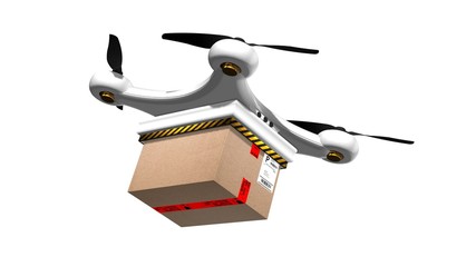 Drone Quadrocopter delivers a package - fast autonomous drone delivery - isolated on white