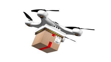 Drone Quadrocopter delivers a package - fast autonomous drone delivery - isolated on white