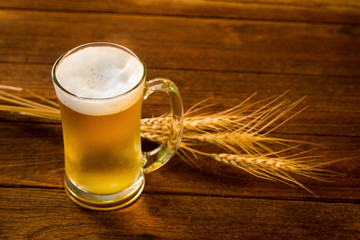 Glass of beer and barley rice on wooden table in Golden Light.