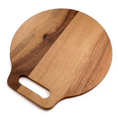 Wooden round empty board for pizza on white background.