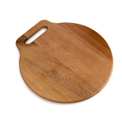 Wooden round empty board for pizza on white background.