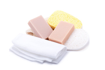 almond soap and oil on white background.