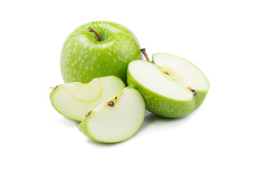 Fresh green apples and sliced green apple isolated on white background.