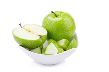 Fresh green apples in white bow isolated on white background.