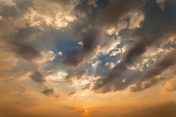Colorful dramatic sky with cloud at sunset.Sky with sun background.
