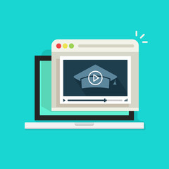 Online educational webinar vector illustration, flat style laptop with video player showing learning information, distance education, e-learning or study concept
