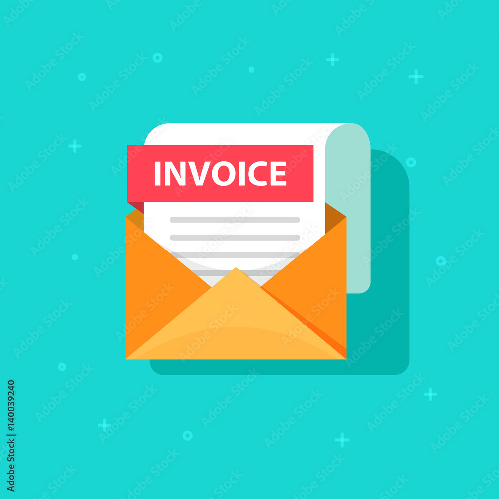 Poster invoice icon vector, email message received with bill document, flat style open envelope with invoic