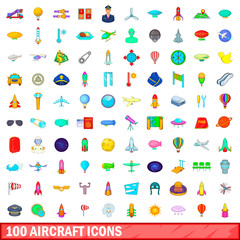 100 aircraft icons set, cartoon style