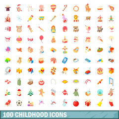 100 childhood icons set, cartoon style