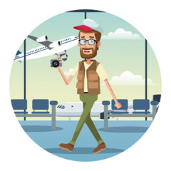 beard man traveler camera cap airport vector illustration eps 10