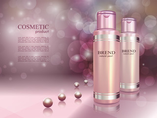 Cosmetic ads poster.Skin toner bottles isolated on glowing background with pearls. Mockup 3D Realistic vector illustration in soft purple color.