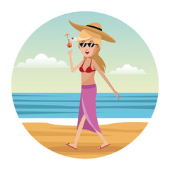 woman tourist swimsuit and hat vector illustration eps 10