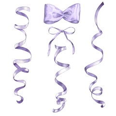 Set of satin ribbons and bows. Watercolor painting. Handmade drawing.