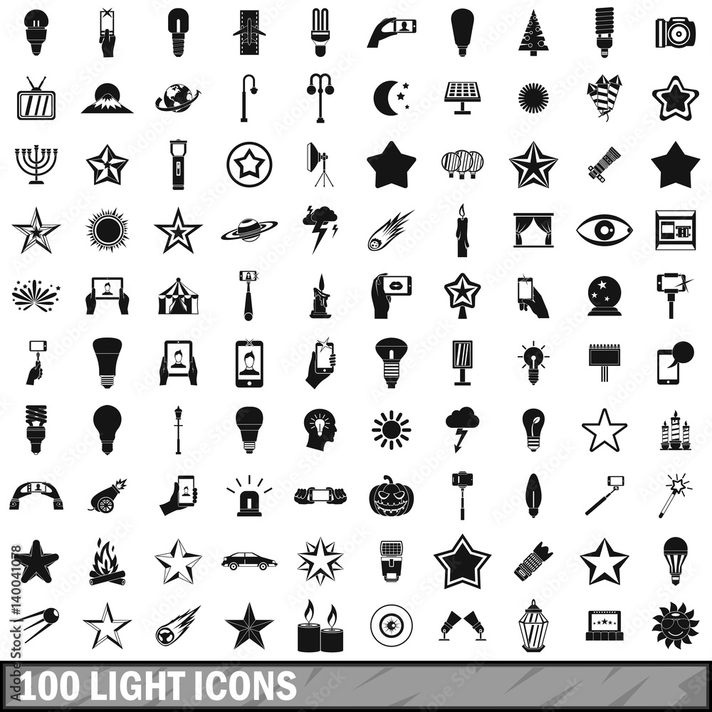 Poster 100 light icons set in simple style