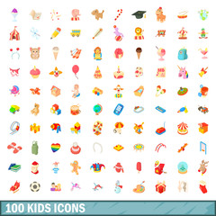 100 kids icons set, cartoon style