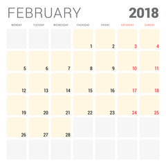 2018 calendar planner vector design template. February. Week starts on Monday. Stationery design