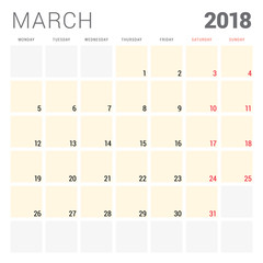 2018 calendar planner vector design template. March. Week starts on Monday. Stationery design