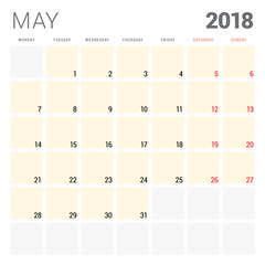 2018 calendar planner vector design template. May. Week starts on Monday. Stationery design