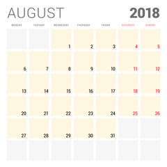 2018 calendar planner vector design template. August. Week starts on Monday. Stationery design