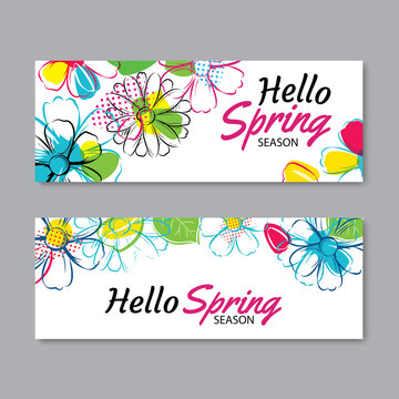 Hello spring season banner template background with colorful flower.Can be use voucher, wallpaper,flyers, invitation, posters, brochure, coupon discount.