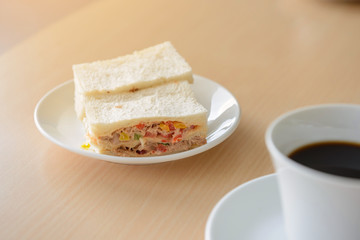 Tuna sandwich with hot coffee