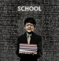 School. Genius Little Boy Holding Book Wearing Glasses Chalkboard