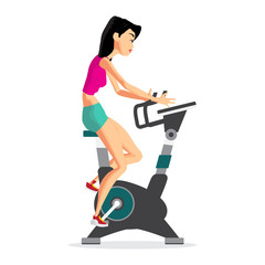 Fototapeta premium Caucasian woman riding stationary bicycle in the gym. Sporty gir
